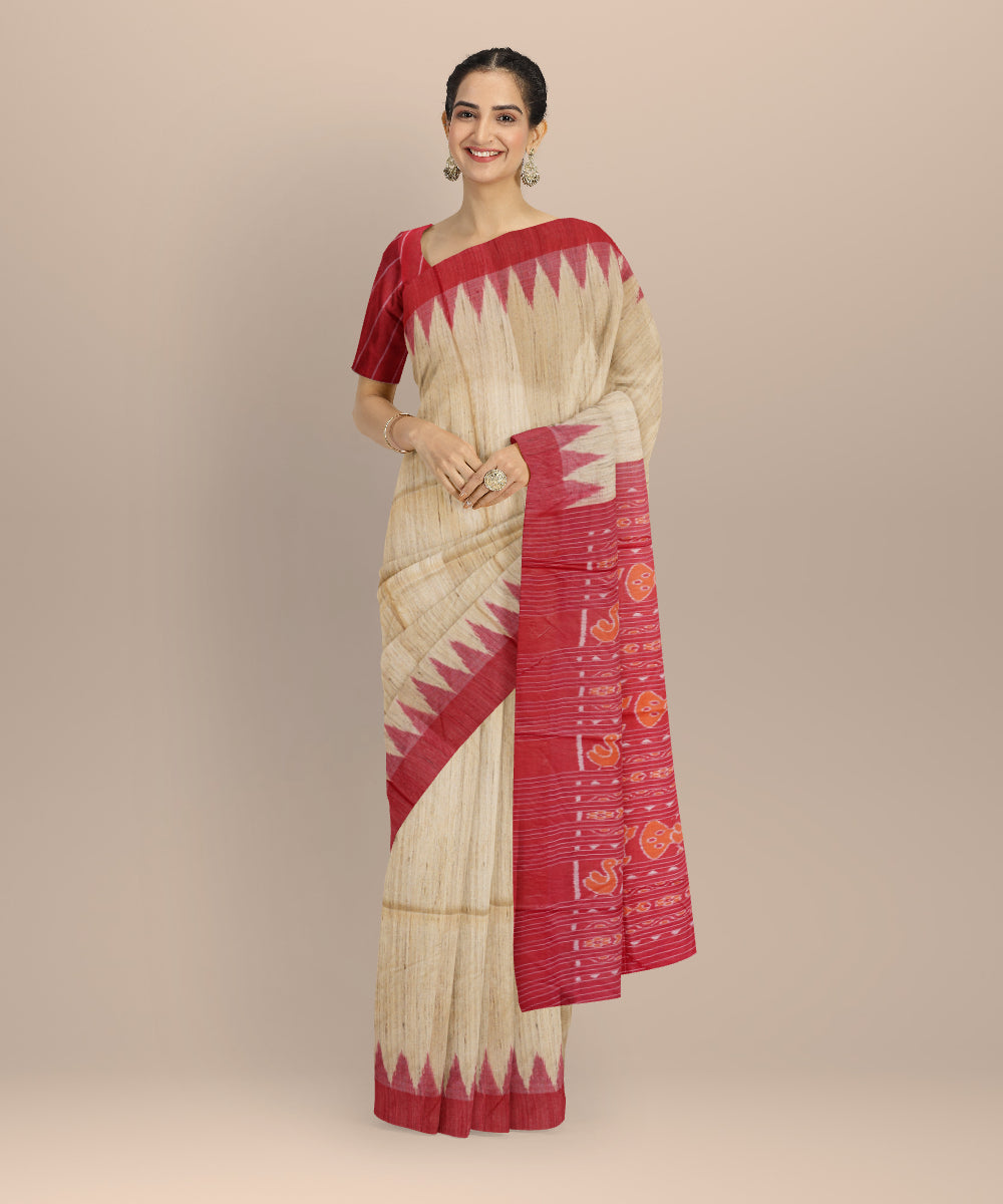 Beige maroon gopalpur tussar silk handwoven saree