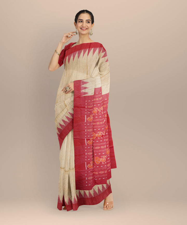 Beige maroon gopalpur tussar silk handwoven saree