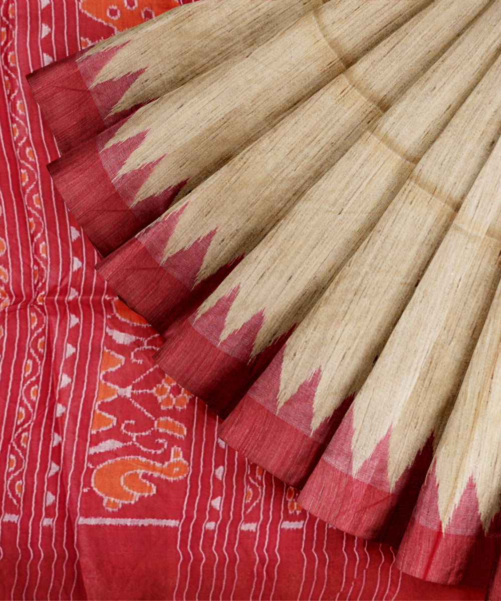 Beige maroon gopalpur tussar silk handwoven saree