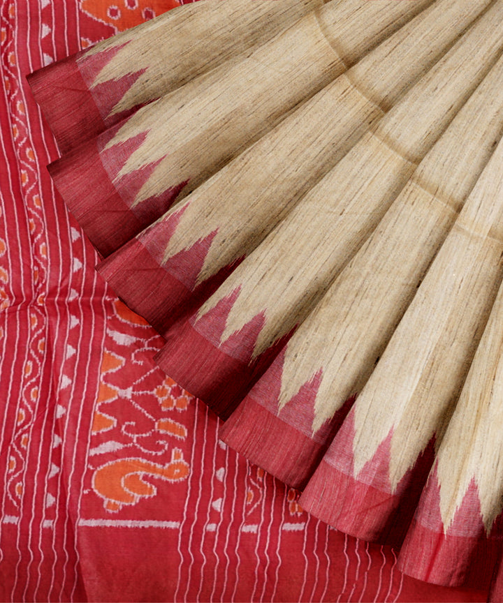 Beige maroon gopalpur tussar silk handwoven saree
