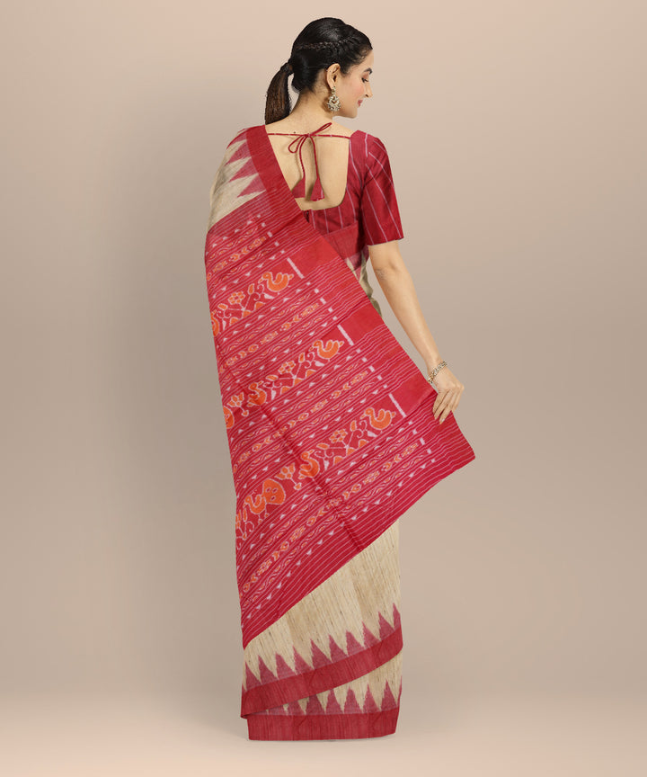 Beige maroon gopalpur tussar silk handwoven saree