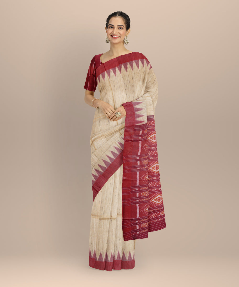 Beige maroon gopalpur tussar silk handloom saree
