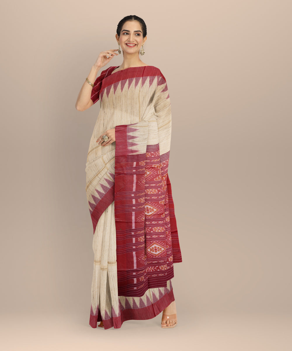 Beige maroon gopalpur tussar silk handloom saree