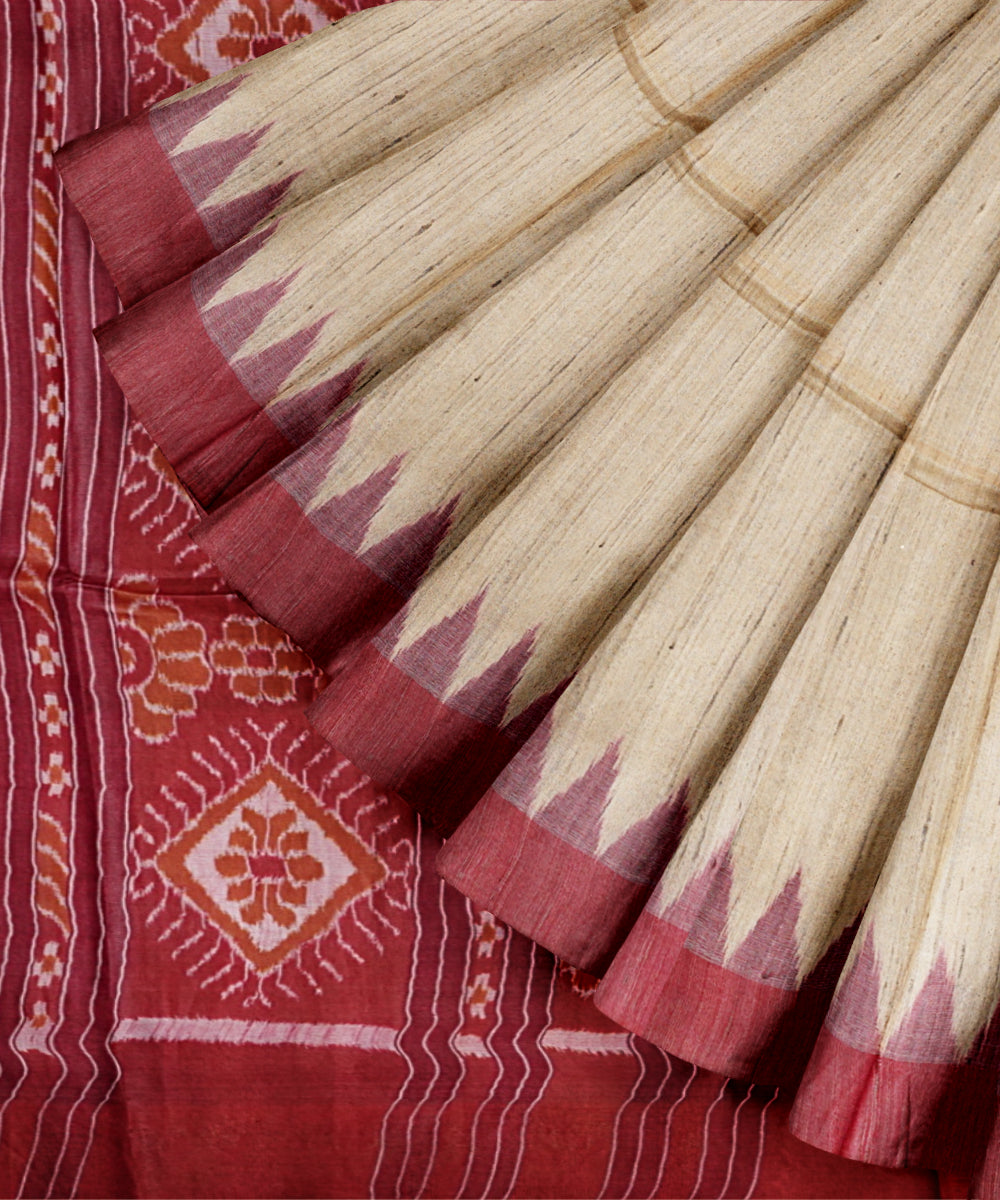 Beige maroon gopalpur tussar silk handloom saree