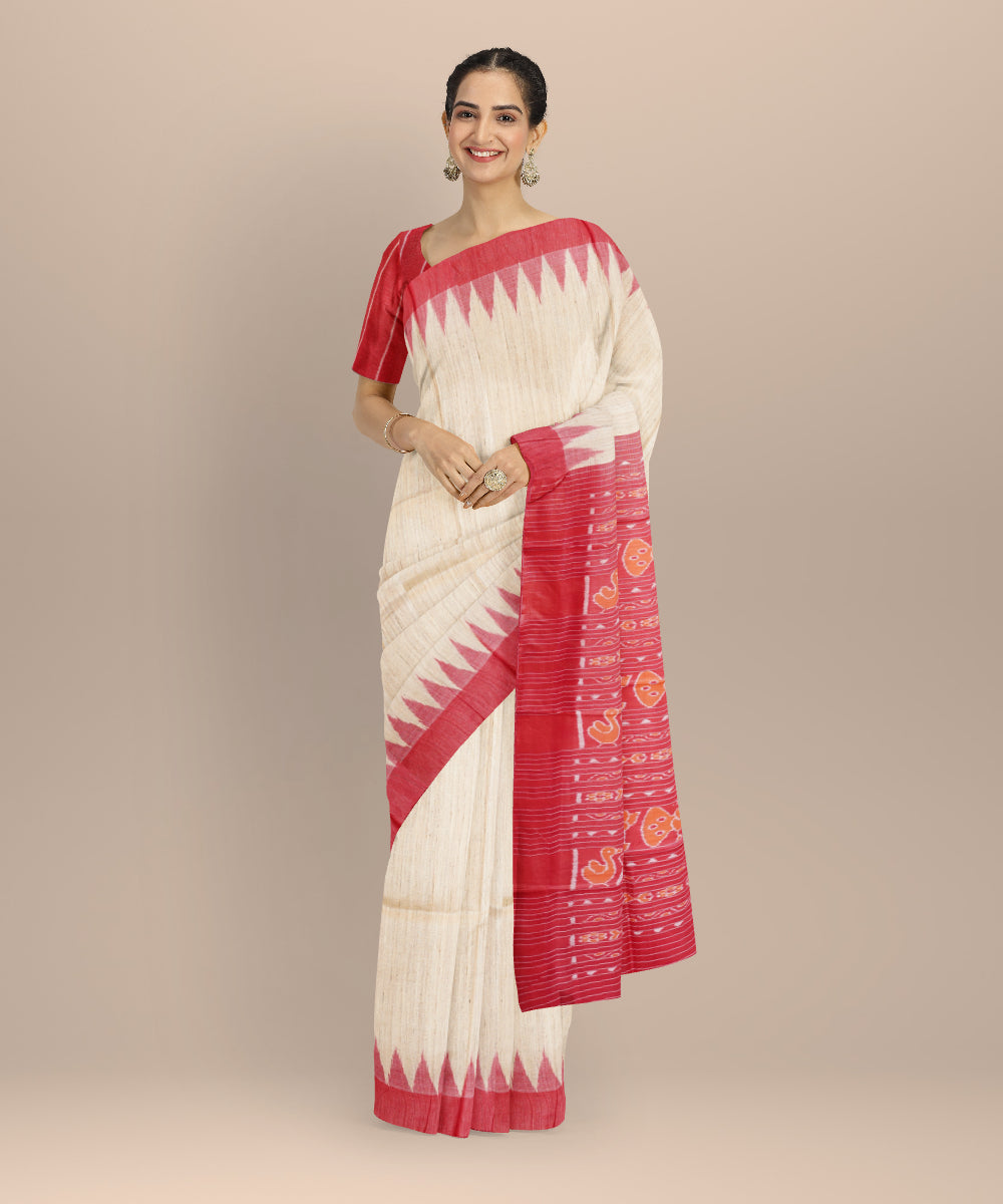 Beige red gopalpur tussar silk handloom saree