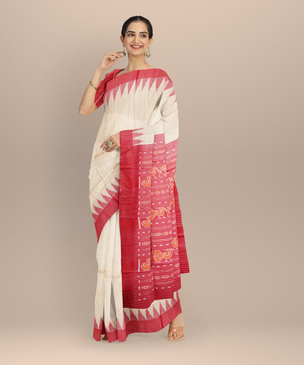 Beige red gopalpur tussar silk handloom saree
