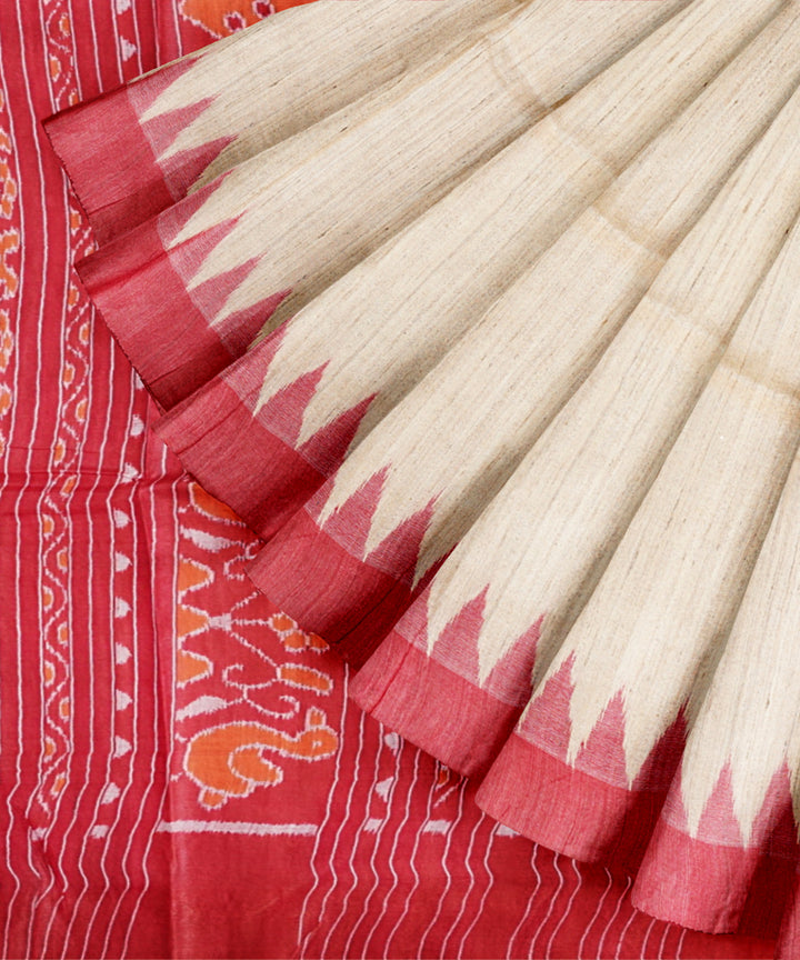 Beige red gopalpur tussar silk handloom saree