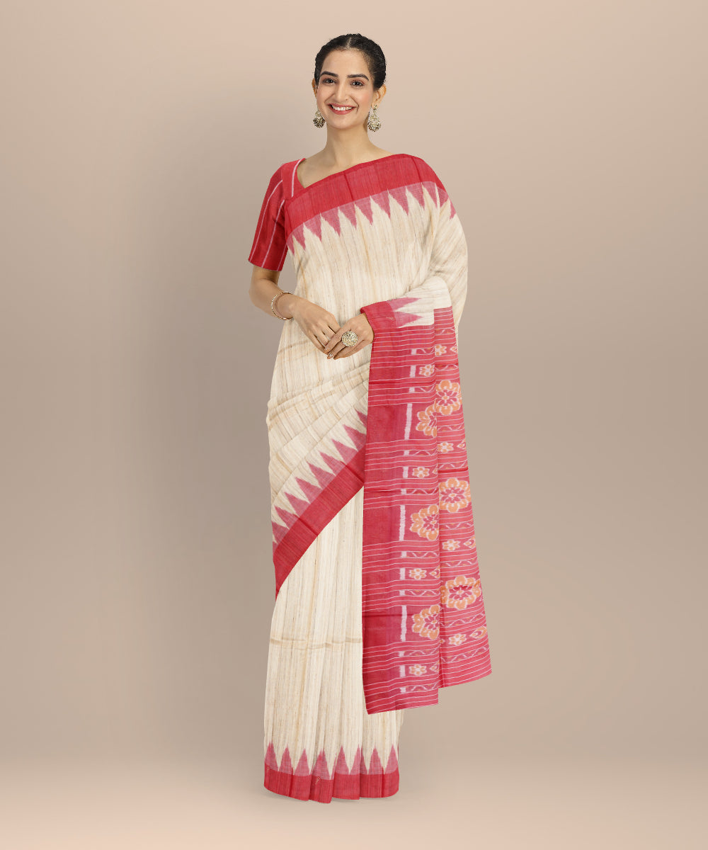 Beige red gopalpur tussar silk handloom odisha ikat saree