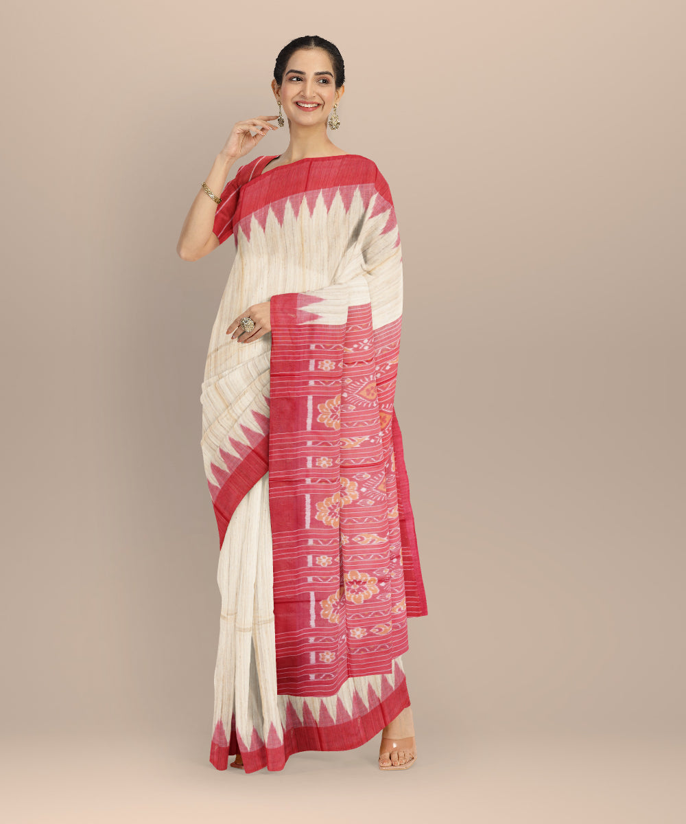 Beige red gopalpur tussar silk handloom odisha ikat saree