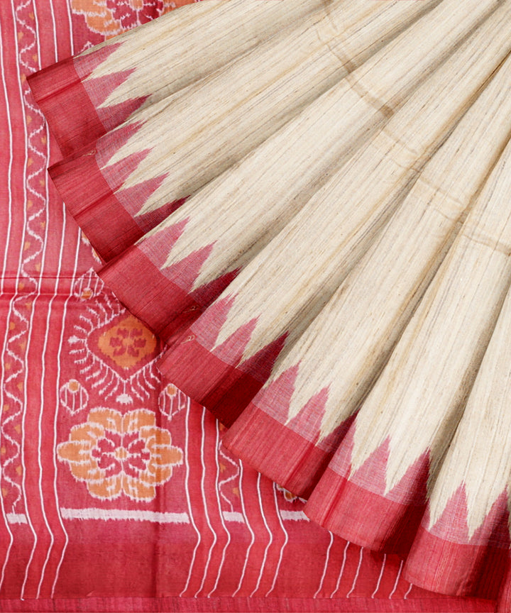 Beige red gopalpur tussar silk handloom odisha ikat saree