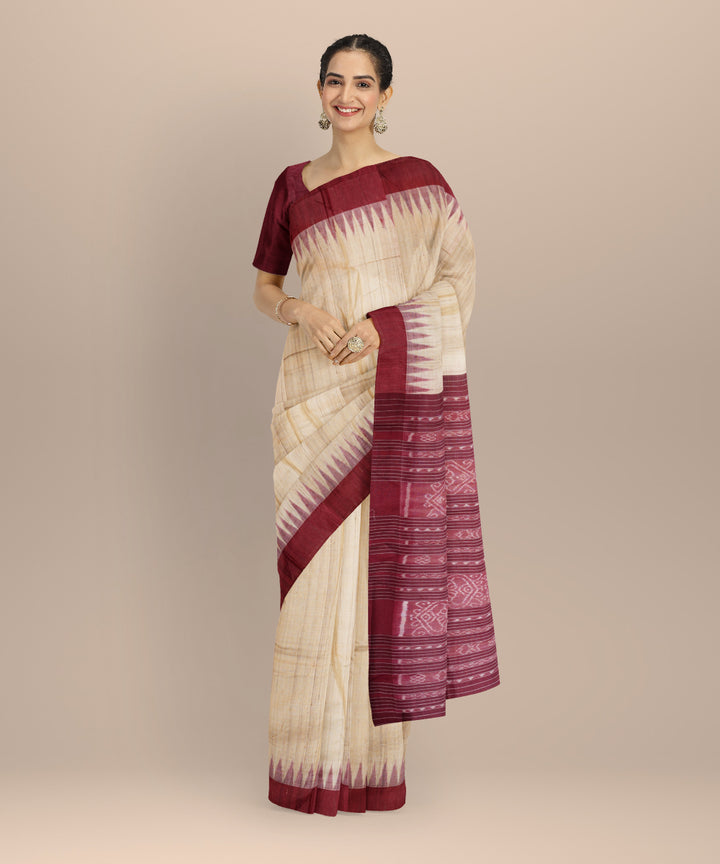 Beige maroon gopalpur tussar silk handloom odisha ikat saree