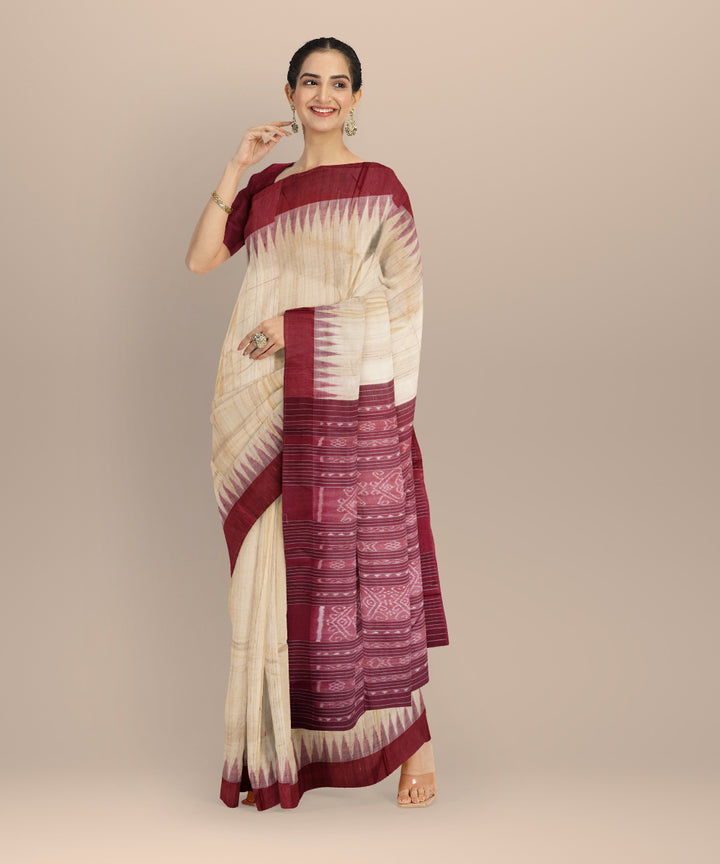 Beige maroon gopalpur tussar silk handloom odisha ikat saree