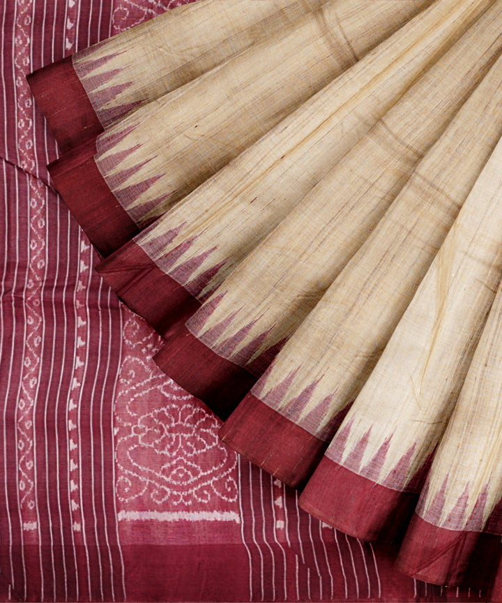 Beige maroon gopalpur tussar silk handloom odisha ikat saree