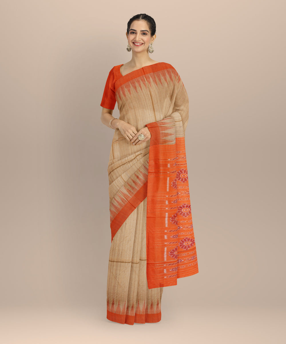 Beige orange gopalpur tussar silk handloom odisha ikat saree
