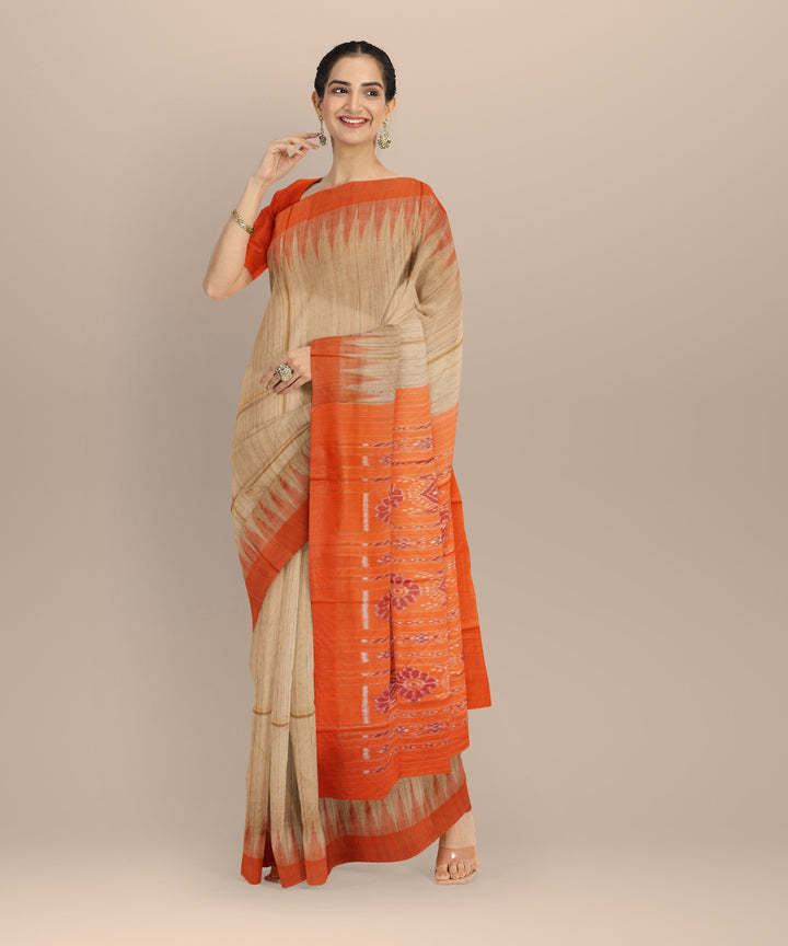 Beige orange gopalpur tussar silk handloom odisha ikat saree
