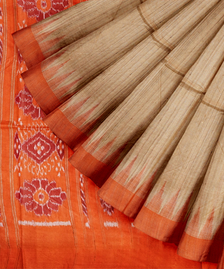 Beige orange gopalpur tussar silk handloom odisha ikat saree