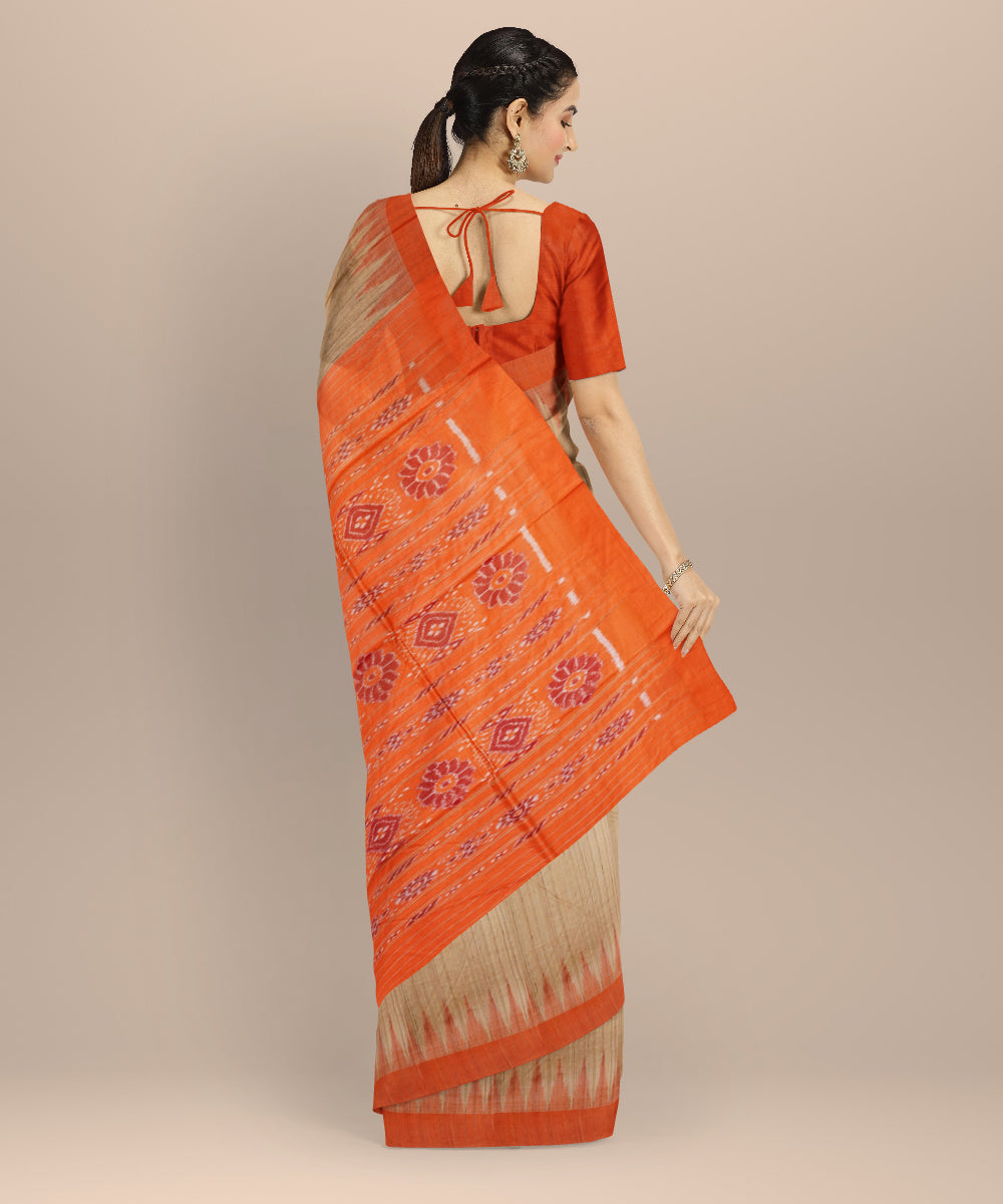 Beige orange gopalpur tussar silk handloom odisha ikat saree