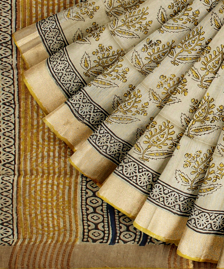Beige multicolor art silk hand printed bhagalpur saree