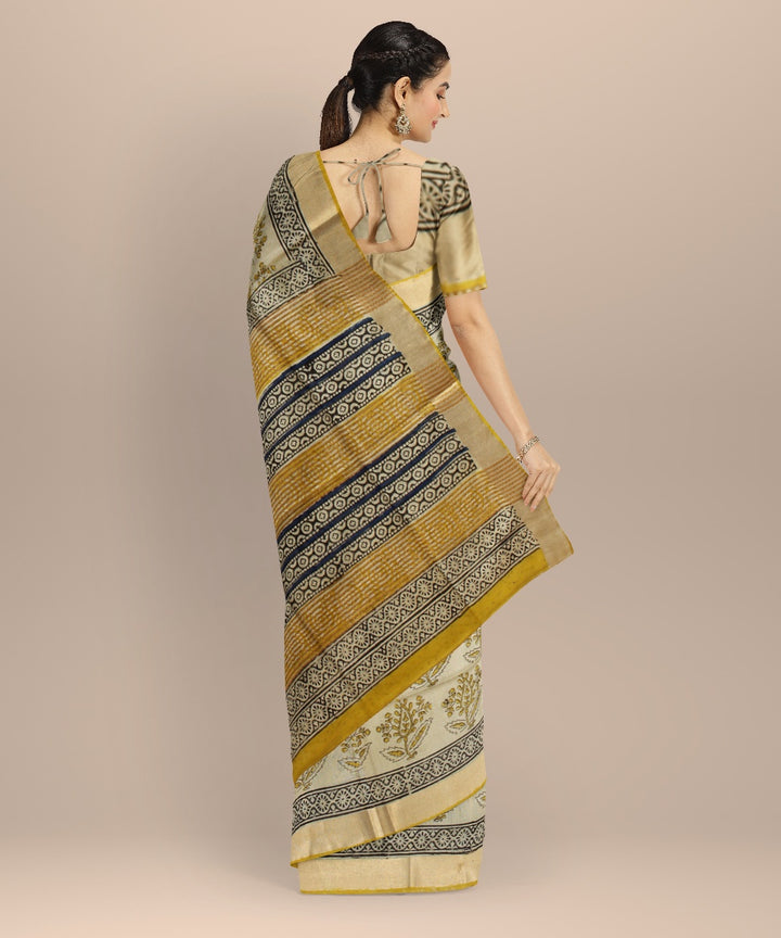 Beige multicolor art silk hand printed bhagalpur saree