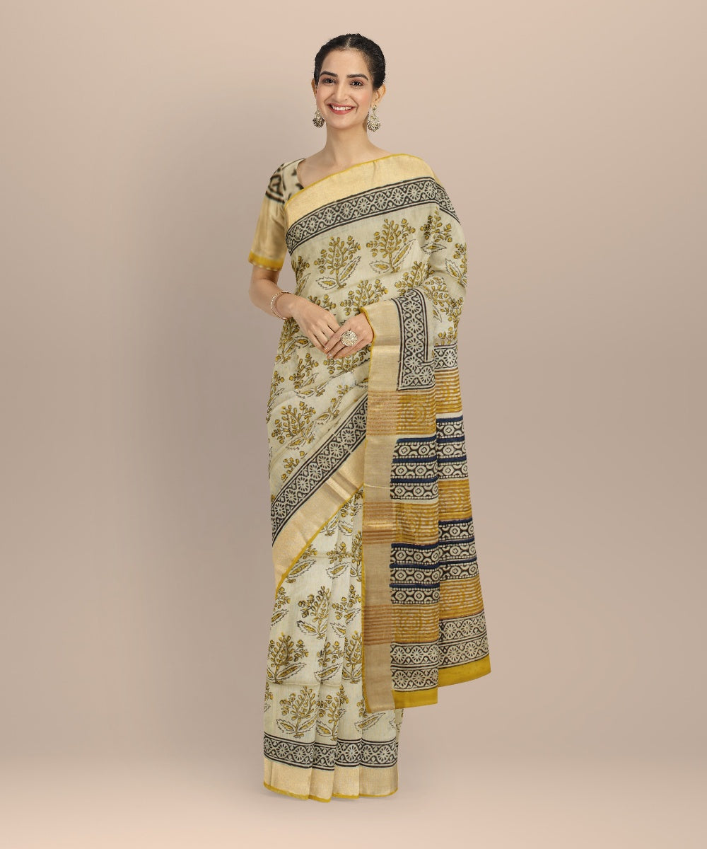 Beige multicolor art silk hand printed bhagalpur saree