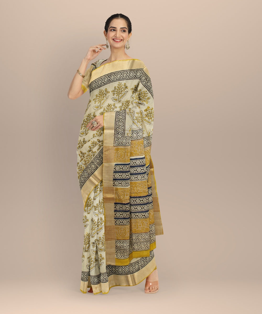 Beige multicolor art silk hand printed bhagalpur saree