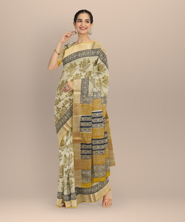 Beige multicolor art silk hand printed bhagalpur saree