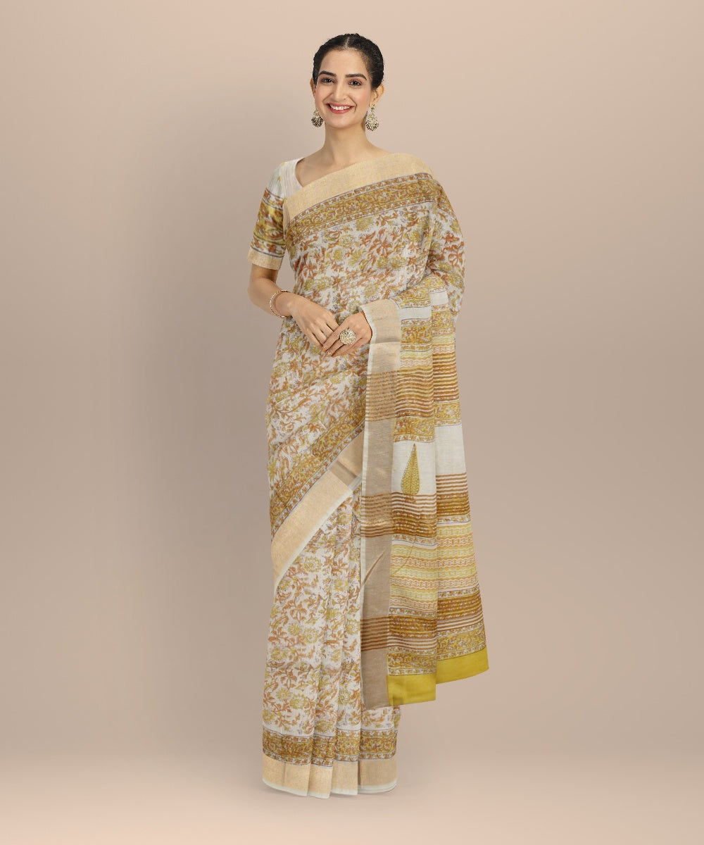Cream multicolor art silk hand printed saree