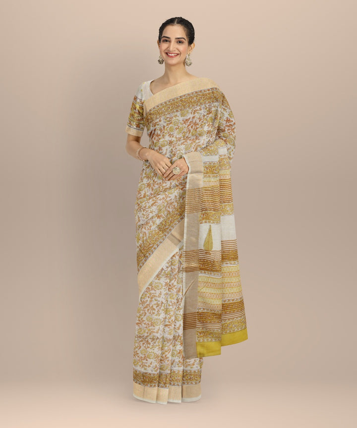 Cream multicolor art silk hand printed saree