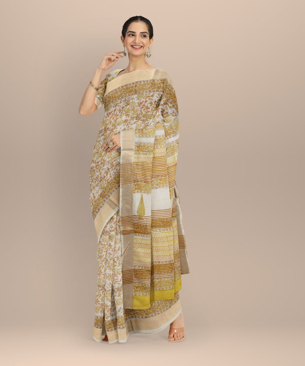 Cream multicolor art silk hand printed saree