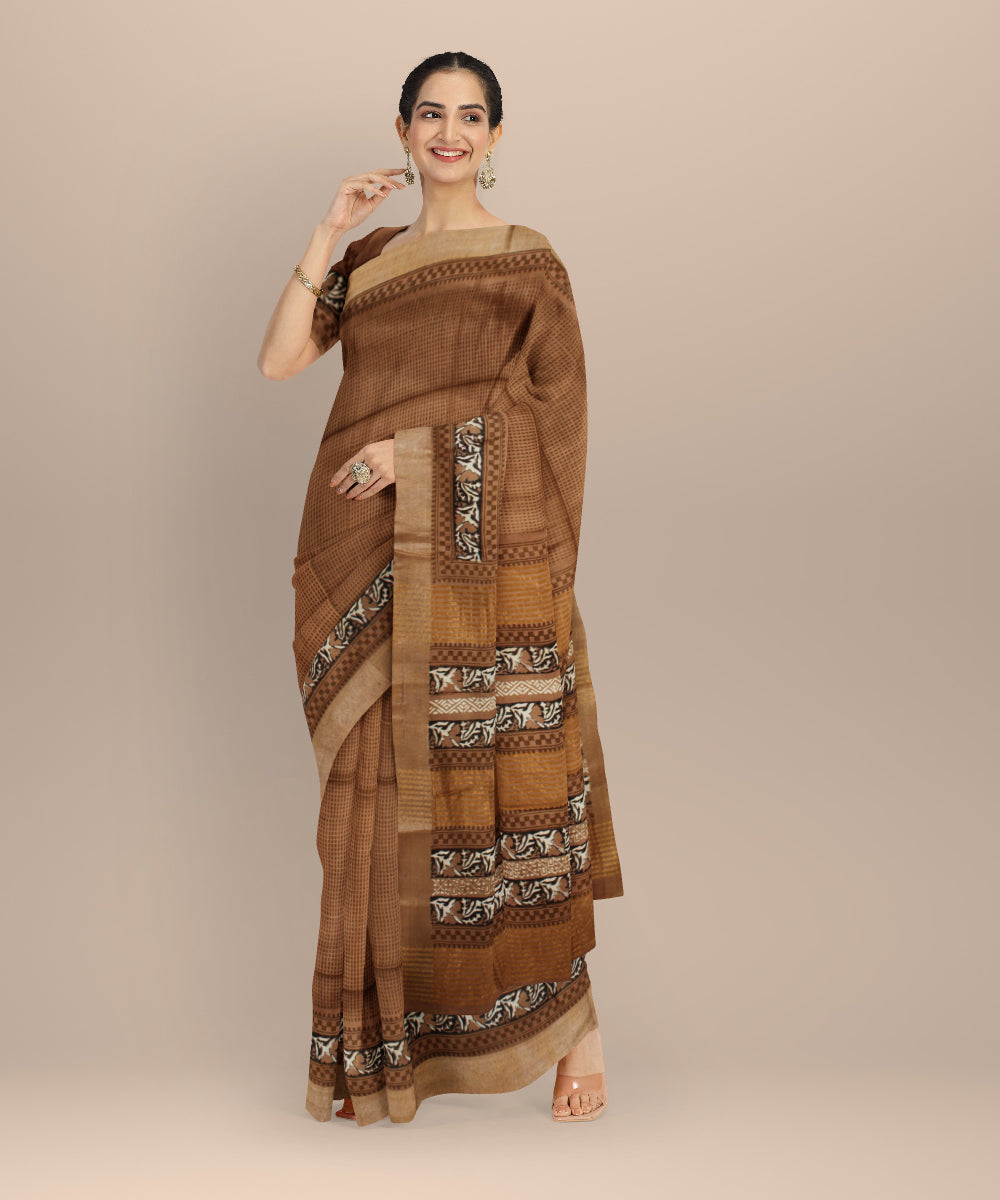 Brown black hand printed art silk saree