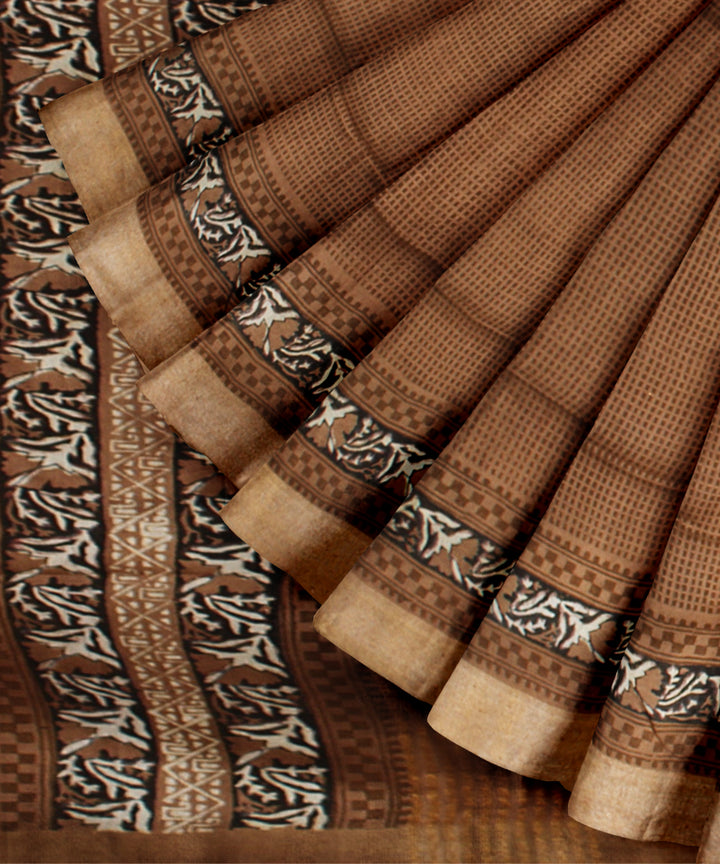 Brown black hand printed art silk saree