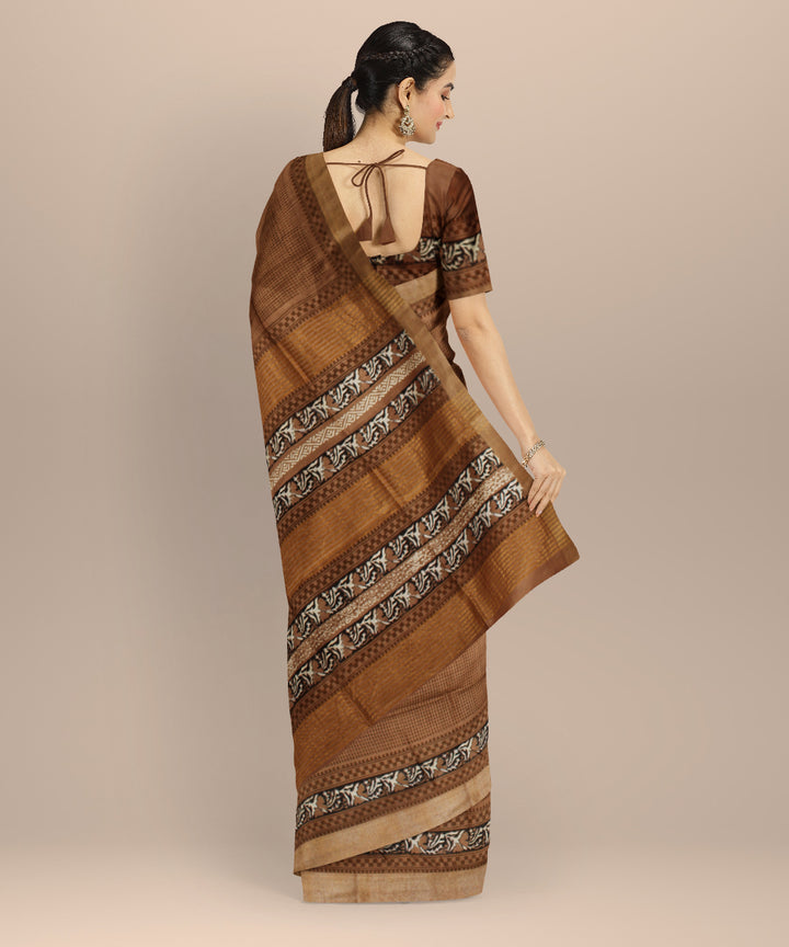 Brown black hand printed art silk saree