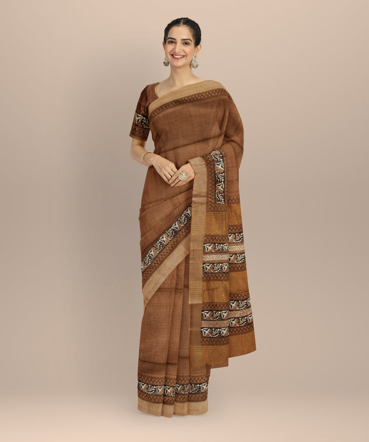 Brown black hand printed art silk saree