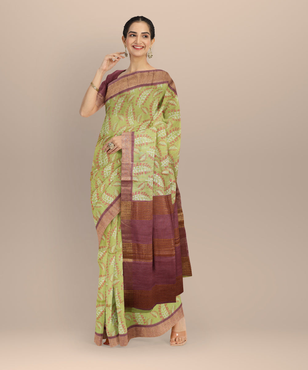 Light green multicolor art silk hand printed saree