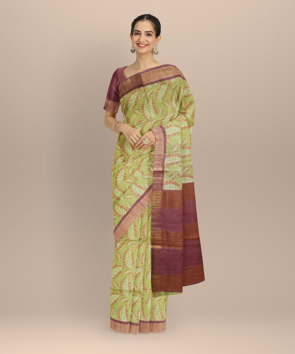 Light green multicolor art silk hand printed saree
