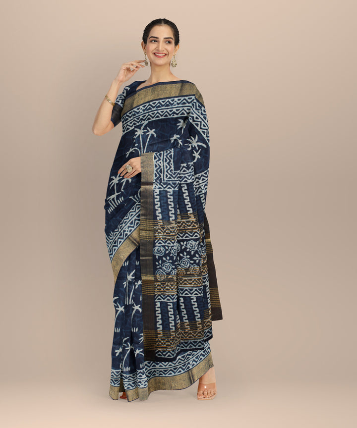 Indigo white hand printed art silk saree