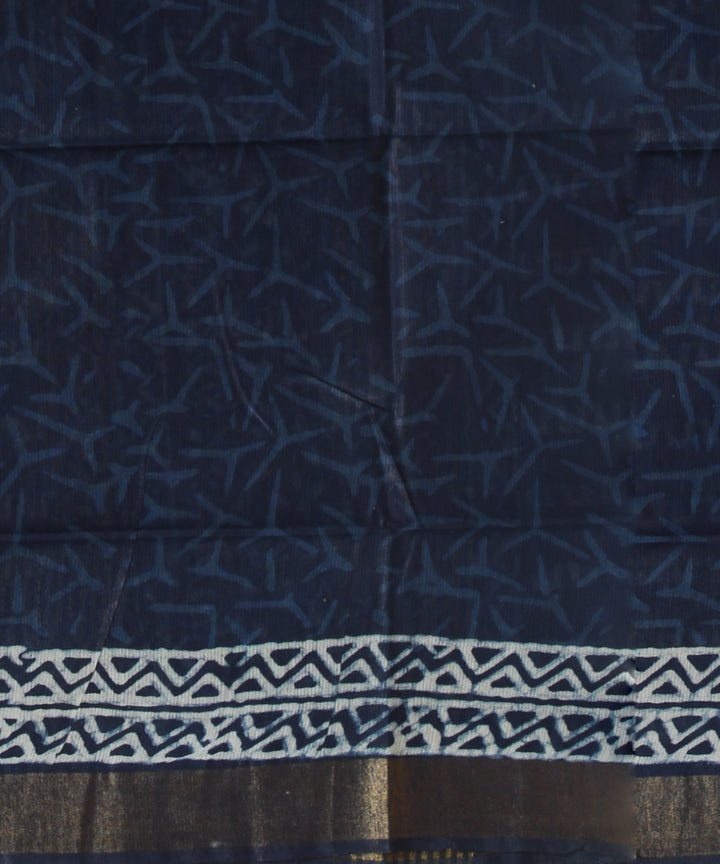 Indigo white hand printed art silk saree