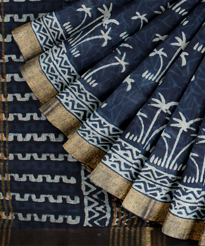 Indigo white hand printed art silk saree