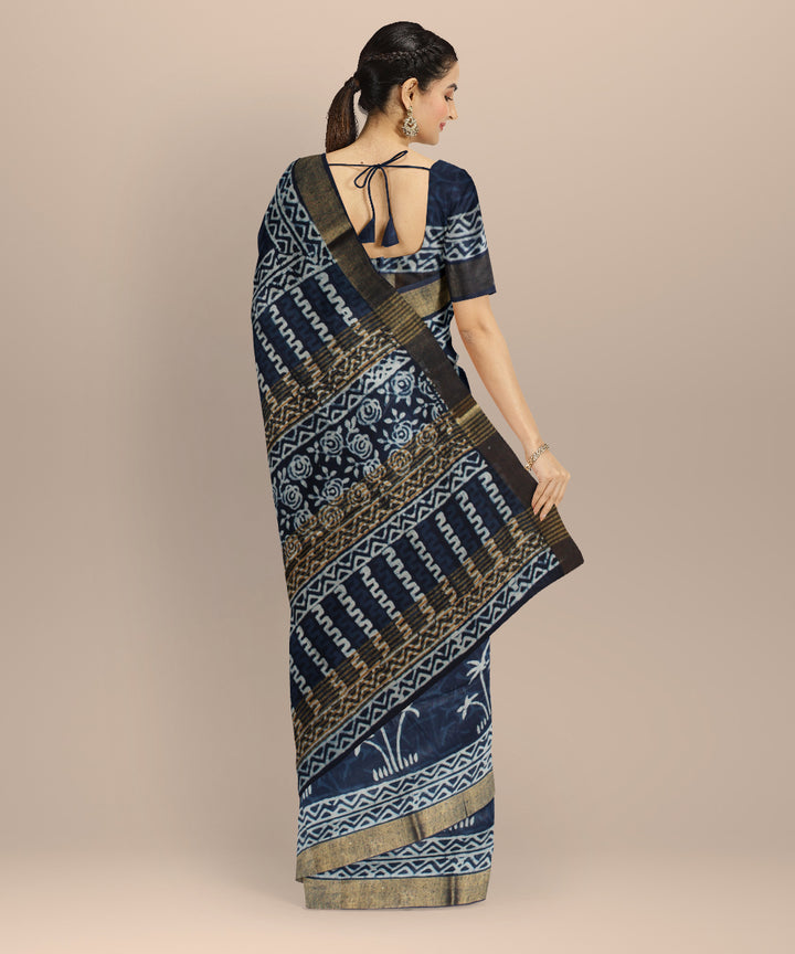 Indigo white hand printed art silk saree