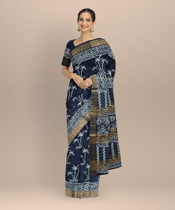Indigo white hand printed art silk saree