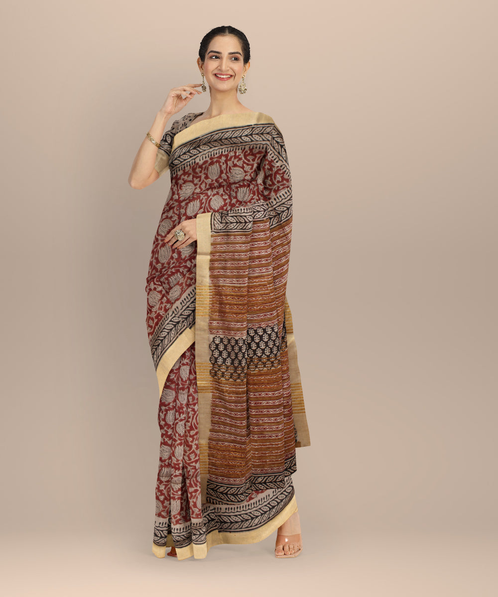 Maroon multicolor hand printed art silk saree