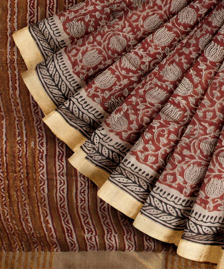 Maroon multicolor hand printed art silk saree