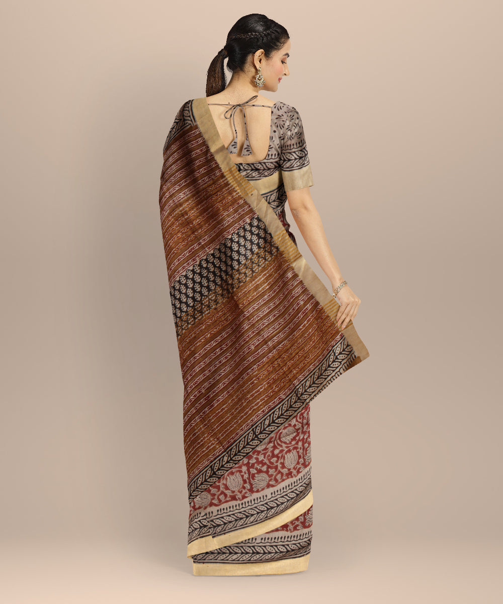 Maroon multicolor hand printed art silk saree
