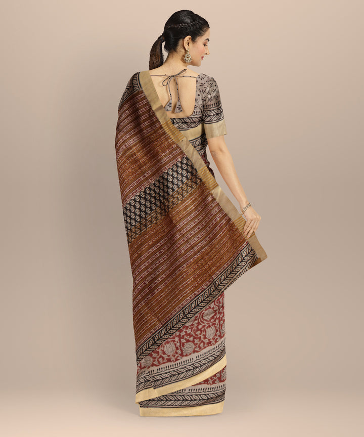 Maroon multicolor hand printed art silk saree