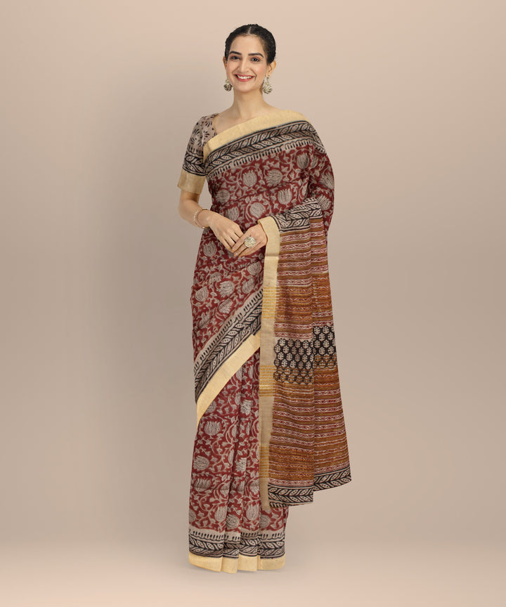 Maroon multicolor hand printed art silk saree