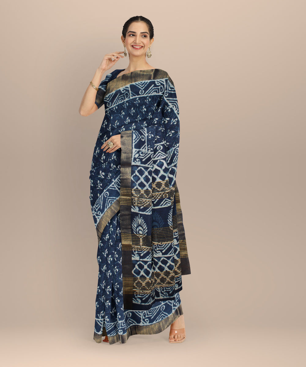 Indigo white art silk hand printed saree