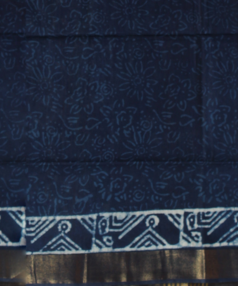 Indigo white art silk hand printed saree