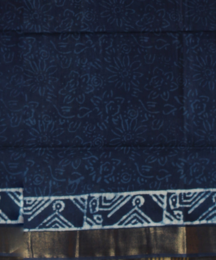 Indigo white art silk hand printed saree