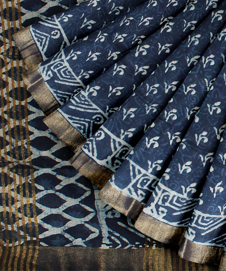 Indigo white art silk hand printed saree
