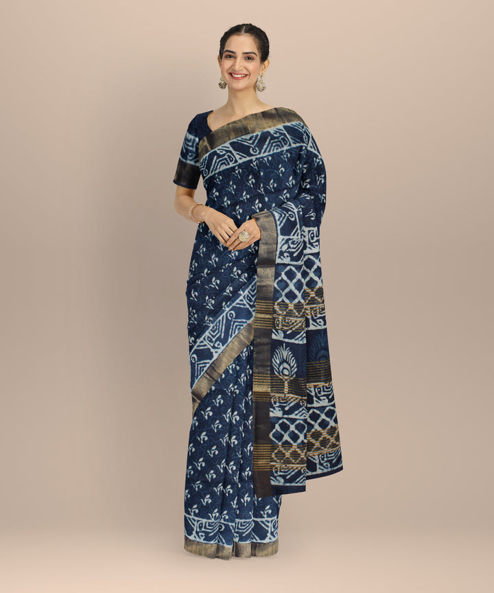 Indigo white art silk hand printed saree